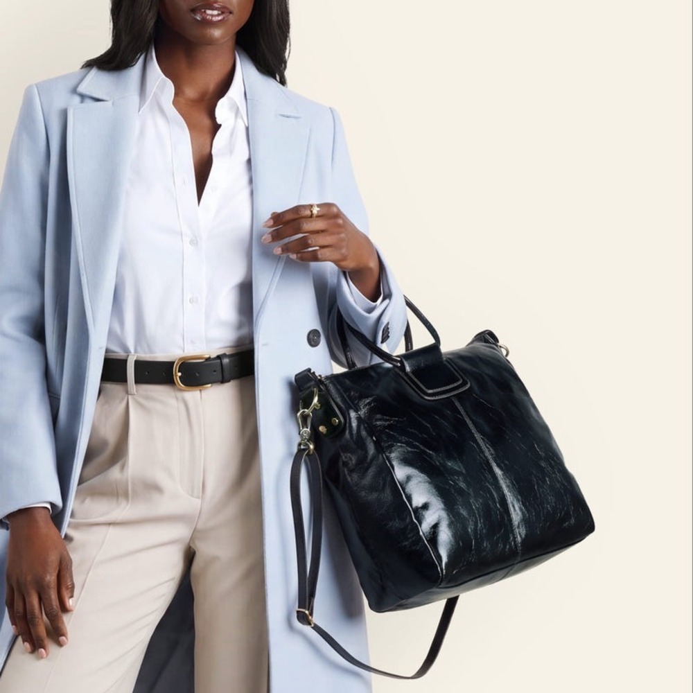 HOBO Sheila Large Leather Satchel Black Polished Leather Handbag Luxury